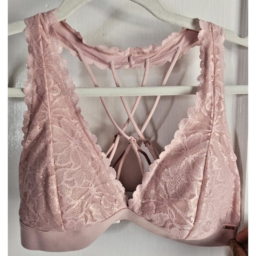 Victoria's Secret PINK lace bralette crisscross back halter back metallic pink M